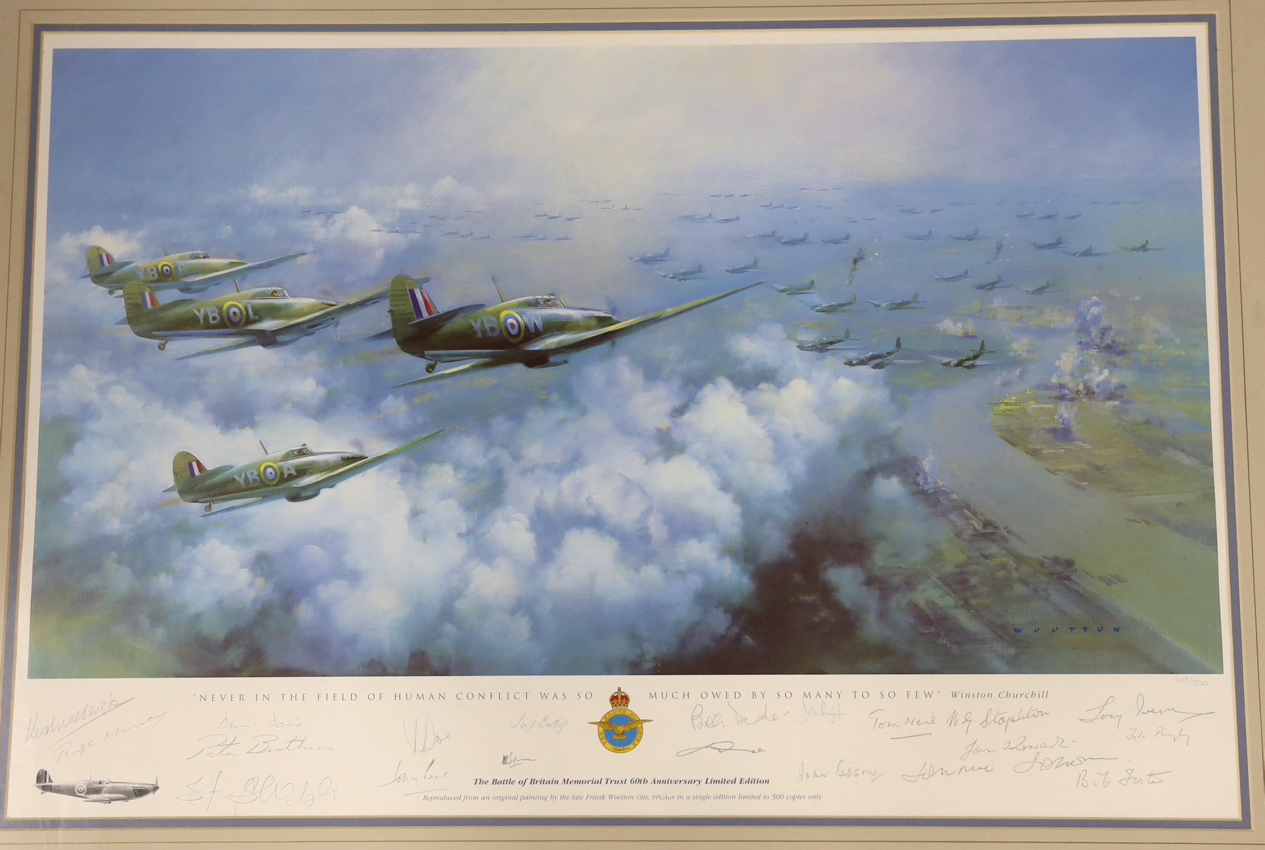 Frank Wootton (1911-1998), colour print, The Battle of Britain Memorial Trust 60th Anniversary, signed in pencil by fighter pilots including Tony Bartley and John Beazley, limited edition 149/500, 47 x 68cm, with COA